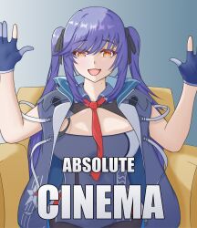  1girl absolute_cinema_(meme) azur_lane colorized essex_(azur_lane) hands_up long_hair meme open_mouth twintails 