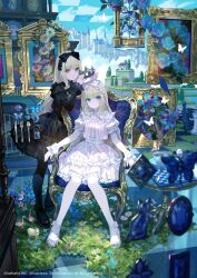  2girls animal_ears bird black_bow black_dress black_hairband black_pantyhose blonde_hair blue_eyes blue_flower blue_rose blue_sky bow cat chair chess_piece chessboard clam_shell closed_mouth clouds cloudy_sky commentary_request copyright_notice crown dress egg egg_cup expressionless eyelashes fantasy flower fork frilled_dress frilled_wrist_cuffs frills fuzichoco gem goose grass hair_bow hairband highres house jewelry knife knight_(chess) lolita_fashion long_hair long_sleeves looking_at_viewer multiple_girls on_chair original pantyhose parted_lips partial_commentary pawn_(chess) picture_frame plate puffy_short_sleeves puffy_sleeves red_eyes ring rook_(chess) rose sheep short_sleeves siblings sitting sky smile spoon standing thigh-highs tile_floor tiles tree twins twitter_username very_long_hair white_bow white_dress white_flower white_hairband white_pantyhose white_thighhighs wolf_ears wrist_cuffs 