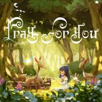  1girl :d absurdres album_cover blush bush chibi chipmunk closed_eyes cover deer dress facing_another flower forest grass hair_between_eyes hand_on_own_chest hand_up highres idoly_pride light_rays long_hair meadow nagase_mana nature off-shoulder_dress off_shoulder official_art one_side_up open_mouth purple_hair scenery sitting smile solo squirrel tree white_dress white_flower 