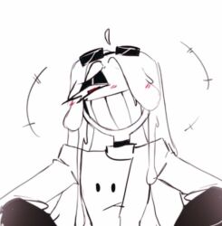  1girl black_gloves cheese cheese_hair evil_smile flat_chest food gloves mad_scientist monster_girl mother_agony mozzarella_(mother_agony) one_eye_covered original pale_skin pizza_tower red_eyes smile smug upper_body 