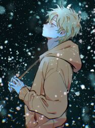  1boy animification artist_name black_background blonde_hair blue_eyes chromatic_aberration closed_mouth fingernails hair_between_eyes hands_up holding hood hoodie kenny_mccormick long_sleeves looking_up male_focus orange_hoodie puffy_long_sleeves puffy_sleeves short_hair snowing solo south_park sp_toyoill upper_body 