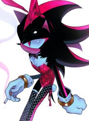  1boy absurdres animal_ears animal_nose black_bow black_bowtie black_fur body_fur bow bowtie bracelet cigarette closed_mouth crossdressing fishnets furry furry_male gloves gold_bracelet hedgehog_boy highres holding holding_cigarette jewelry leotard long_hair looking_to_the_side male_focus playboy_bunny rabbit_ears red_eyes red_fur red_leotard red_ribbon ribbon sa1k_a shadow_the_hedgehog short_tail simple_background solo sonic_(series) standing tail two-tone_fur white_background white_gloves 