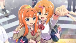  2girls :d ;d arm_hug badge bag blue_eyes blurry bow bowtie bracelet brown_cardigan button_badge cardigan cardigan_around_waist clothes_around_waist collared_shirt cowboy_shot crosswalk depth_of_field game_cg gyaru gyaru_v hair_bow hair_intakes hair_ornament hair_scrunchie hairclip high_ponytail highres higurashi_no_naku_koro_ni higurashi_no_naku_koro_ni_mei houtani_nao intersection jewelry lens_flare long_hair looking_at_viewer multiple_girls no_hairband non-web_source official_alternate_hairstyle official_art one_eye_closed orange_hair outdoors outstretched_arm pink_bow ponytail red_bow red_bowtie road ryuuguu_rena school_bag school_uniform scrunchie shirt short_hair siblings sisters sleeves_rolled_up smile sparkle standing street striped_bow striped_bowtie striped_clothes stuffed_animal stuffed_rabbit stuffed_toy tactile_paving v w white_shirt wrist_scrunchie 