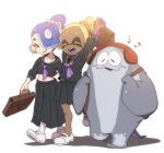  1boy 2girls backpack bag big_man_(splatoon) blonde_hair blue_hair commentary dark-skinned_female dark_skin dede_(qwea_00000) fangs frye_(splatoon) full_body headphones manta_ray midriff multiple_girls open_mouth red_eyes sailor_collar shiver_(splatoon) smile splatoon_(series) splatoon_3 symbol-only_commentary tentacle_hair white_footwear 