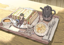  1girl animal_costume artist_name commentary cream cup demizu_posuka food napkin original plate sandwich shark_costume spoon table teacup teapot 