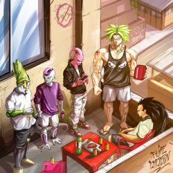  5boys absurdres alcohol alternate_costume ankle_monitor arm_tattoo artist_name bad_boy_(brand) beef beer beer_can biceps black_eyes black_hair black_jacket black_nails black_sclera black_shorts black_tank_top bracelet brazil brazilian_flag broly_(dragon_ball_z) can cell_(dragon_ball) cellphone chair character_tattoo chicken_(food) closed_mouth colored_sclera colored_skin cup dragon_ball dragon_ball_z drink_can facial_tattoo filipeemerson3 final_form_frieza food frieza full_body gold_necklace graffiti green_hair grey_skin highres holding holding_cup holding_phone house jacket jewelry leg_tattoo legendary_super_saiyan majin_buu male_focus multiple_boys muscular muscular_male necklace nike_(company) no_eyebrows no_pupils pants perfect_cell phone piercing pink_skin portuguese_text purple_shirt raditz red_eyes road serious shirt shoes shorts sidewalk signature sitting slums sneakers soda_bottle son_goku spiky_hair standing street super_buu super_saiyan t-shirt table tank_top tattoo white_pants white_shirt white_shorts white_skin window 