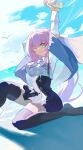  1girl ;) absurdres animal arm_behind_head arm_grab arms_up bird black_skirt black_thighhighs blue_eyes blue_sky blush breasts center_frills closed_mouth clouds cloudy_sky commentary_request cup day disposable_cup elysia_(honkai_impact) feet_out_of_frame frills high-waist_skirt highres holding holding_cup honkai_(series) honkai_impact_3rd horizon kuangwang_heiye long_hair looking_at_viewer medium_breasts no_shoes ocean one_eye_closed outdoors pink_hair shawl shirt skirt sky smile solo thigh-highs very_long_hair water white_shirt 