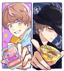  2boys black_hat blonde_hair blue_eyes border brown_hair earrings gochizo hat highres holding inoue_shouma jewelry kamen_rider kamen_rider_gavv_(series) lakia_amarga multicolored_eyes multiple_boys oresanjyo popping_gummy simple_background smile tokusatsu violet_eyes white_border yellow_eyes 