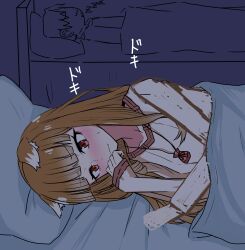  1boy 1girl :3 absurdres akuma0320 animal_ear_fluff animal_ears blunt_bangs blush brown_hair closed_mouth commentary craft_lawrence excited eyelashes floppy_ears head_on_pillow hetero highres holo long_hair looking_down lying nose_blush on_bed on_side pillow red_eyes shirt short_hair sketch sleeping sleeves_past_wrists smile sound_effects spice_and_wolf straight_hair sweatdrop under_covers upper_body v-shaped_eyebrows wavy_mouth white_shirt wolf_ears wolf_girl zzz 