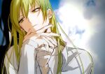  androgynous chain enkidu_(fate) fate/strange_fake fate_(series) glowing glowing_clothes glowing_eyes green_hair hair_between_eyes highres long_hair looking_at_viewer male_focus robe shirt smile solo upper_body very_long_hair white_robe white_shirt yellow_eyes 