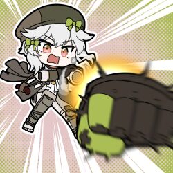  1girl artist_request black_gloves black_hat bodysuit chibi chibi_only chinese_commentary dushevnaya_(girls'_frontline_2) fighting_stance furrowed_brow girls'_frontline_2:_exilium girls_frontline gloves green_ribbon grey_hair hat incoming_attack incoming_punch ksvk_(girls'_frontline) official_art open_mouth outline pink_eyes punching ribbon rocket_punch second-party_source solo white_bodysuit white_outline 