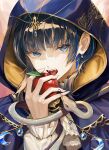  1girl apple ascot blue_cloak blue_eyes blue_hair blunt_bangs cloak crescent earrings fangs food fruit highres holding holding_food holding_fruit hololive hololive_english hood hood_up hooded_cloak imminent_bite jewelry looking_at_viewer multicolored_hair open_mouth ouro_kronii portrait santafe99 short_hair snake solo streaked_hair virtual_youtuber white_ascot white_snake 
