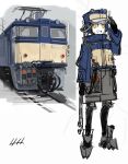  1boy arm_up blue_headwear coat grey_hair high_collar highres long_sleeves maio_(space_jct) open_mouth original personification sketch smile standing train yellow_eyes 