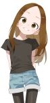  1girl :d absurdres arms_behind_back black_pantyhose black_shirt blue_shorts brown_eyes brown_hair cowboy_shot denim denim_shorts dot_nose from_below grin highres karakai_jouzu_no_takagi-san large_forehead light_blush long_hair looking_at_viewer looking_down medium_eyebrows official_art pants pants_rolled_up pantyhose pocket shirt short_sleeves shorts simple_background smile solo standing t-shirt takagi-san teeth untucked_shirt white_background yamamoto_souichirou 