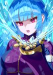  angry belt blue_hair blunt_bangs bodysuit breasts cryokinesis gloves highres kula_diamond long_hair medium_breasts open_mouth snk the_king_of_fighters upper_body violet_eyes yagi2013 