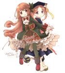  2girls :d anniversary aoki_ume ball black_headwear black_jacket blush boots bow braid brown_hair brown_skirt chain closed_mouth commentary_request frilled_sleeves frills fur-trimmed_boots fur_trim green_jacket green_ribbon green_thighhighs hair_ribbon hair_rings hat highres hiiragi_nemu holding_hands jacket long_hair long_sleeves magia_record:_mahou_shoujo_madoka_magica_gaiden mahou_shoujo_madoka_magica mortarboard multiple_girls one_side_up parted_bangs red_bow red_eyes red_footwear ribbon satomi_touka shirt skirt sleeves_past_wrists smile thigh-highs thighhighs_under_boots translation_request twin_braids very_long_hair violet_eyes white_footwear white_shirt 