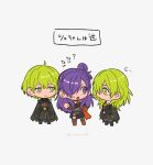  1boy 2girls armor black_armor byleth_(female)_(fire_emblem) byleth_(fire_emblem) byleth_(male)_(fire_emblem) chibi commentary_request enlightened_byleth_(female) enlightened_byleth_(male) fire_emblem fire_emblem:_three_houses fire_emblem_warriors:_three_hopes green_eyes green_hair hair_bun hair_over_one_eye long_hair looking_at_another mini_person minigirl multiple_girls nzmnnkk one_eye_covered purple_hair shez_(female)_(fire_emblem) shez_(fire_emblem) short_hair simple_background single_hair_bun sweatdrop translation_request twitter_username violet_eyes white_background 