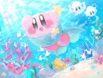  1boy :d blue_eyes blush commentary_request copy_ability coral fins fish fish_tail hal_laboratory_inc. highres holding kirby kirby_(series) kirby_(specie) light_rays mermaid mermaid_costume nintendo no_humans open_mouth rock sand sea_anemone seafloor seaweed smile squid squishy_(kirby) star_(symbol) starfish stern_(stern_dream) sunlight swimming tail underwater 