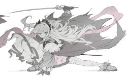  1girl arknights black_gloves capelet chinese_commentary commentary_request cross_scar dynamic_pose earrings front-seamed_legwear full_body gloves hand_on_ground head_wings highres holding holding_sword holding_weapon irene_(arknights) jewelry long_hair pale_color pantyhose pink_ribbon pink_skirt puffy_sleeves raive_(xiling474) ribbon scar scar_across_eye scar_on_face seamed_legwear shoes shoulder_strap simple_background skirt solo sword weapon white_background white_capelet white_pantyhose wings 