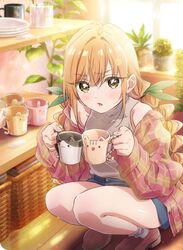  1girl animal_cup bare_shoulders blush braid brown_eyes brown_hair cup flower highres holding holding_cup inda_karane jacket key_visual kimi_no_koto_ga_dai_dai_dai_dai_daisuki_na_100-nin_no_kanojo long_hair long_sleeves official_art open_clothes open_jacket open_mouth plate promotional_art skirt socks solo squatting twintails very_long_hair white_socks 