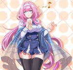  1girl absurdres black_thighhighs blue_eyes blue_skirt breasts center_frills closed_mouth commentary_request cup disposable_cup drinking_straw drop_shadow eighth_note elysia_(honkai_impact) frills hairband hands_up high-waist_skirt highres holding holding_cup honkai_(series) honkai_impact_3rd long_hair long_sleeves looking_at_viewer medium_breasts musical_note pink_hair pointy_ears shawl shirt skirt smile solo thigh-highs tsuroro_art very_long_hair white_hairband white_shirt 