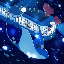  1girl absurdres anglerfish black_cat blush book bubble calico_cat card cat cellphone fish food food_art grey_hair hat highres holding holding_book holding_phone manta_ray ocean open_mouth original phone playing_card sitting space tako-san_wiener train train_conductor tti_design yellow_eyes 