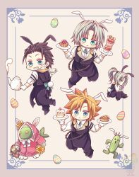  animal_ears apron aqua_eyes basket black_hair black_pants black_shoes black_vest blonde_hair cactus cake chibi chibi_only cloud_strife collared_shirt colored_skin cosplay cross_tie cup easter_egg egg final_fantasy final_fantasy_vii final_fantasy_vii_ever_crisis food full_body gloves green_skin grey_hair grin hair_between_eyes highres holding holding_basket holding_plate holding_teapot hooded_robe kazuha61 kemonomimi_mode monocle official_alternate_costume pants parfait parted_bangs pie pink_robe plate ponytail rabbit_boy rabbit_ears rabbit_tail robe sabotender sephiroth sephiroth_(ever_crisis) shirt shoes short_hair smile spiky_hair tail teacup teapot teeth tonberry vest waist_apron waistcoat white_gloves white_shirt yellow_eyes zack_fair zack_fair_(bunny_butler) zack_fair_(cosplay) 
