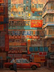  1boy black_hair blue_pants building car city complex_exterior day highres hong_kong motor_vehicle original outdoors pants road scenery shadow sign solo standing street sunlight taxi wide_shot window yingshiart 