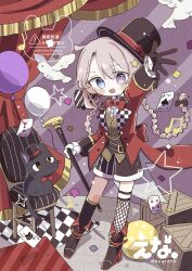  1girl :d ace_(playing_card) ace_of_spades artist_name asymmetrical_gloves asymmetrical_legwear ball balloon bird black_bow black_gloves black_hat blue_eyes blush_stickers boots bow bowtie box brown_boots brown_shorts brown_socks brown_vest cane card cat chair commentary_request curtains dot_nose ena_1510 fishnet_thighhighs fishnets floating_hair fold-over_boots four_of_diamonds full_body gloves grey_hair hair_bow hat hat_bow heterochromia highres holding holding_cane jacket kneehighs long_hair long_sleeves looking_at_viewer mismatched_gloves open_clothes open_jacket open_mouth original outstretched_arm pigeon playing_card purple_background red_bow red_bowtie red_jacket shorts single_sock single_thighhigh smile socks solo spade_(shape) stage_curtains standing star_(symbol) striped_background thigh-highs three_of_hearts top_hat twitter_username vest violet_eyes watermark white_gloves wooden_floor 