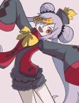  1girl bow bowtie caraku colored_skin demon demon_girl disgaea double_bun grey_skin hair_bun hat jiangshi jiangshi_costume makai_senki_disgaea_7 ofuda open_mouth pointy_ears qing_guanmao sharp_teeth solo teeth twintails yellow_bow yellow_bowtie zombie_maiden_(disgaea) 