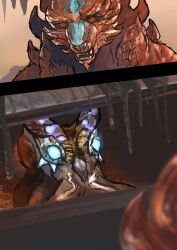  ajarakan blue_eyes cephalopod highres horns it_(stephen_king) meme monster monster_focus monster_hunter_(series) monster_hunter_wilds no_humans nu_udra open_mouth parody pennywise_in_the_sewer_(meme) petroleum red_eyes saulips scales scene_reference sewer sharp_teeth spikes stalactite teeth 