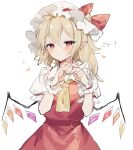  1girl ascot blonde_hair blush breasts collared_shirt commentary cowboy_shot crystal flandre_scarlet flying_sweatdrops frilled_shirt_collar frills hair_between_eyes hat hat_ribbon heart heart_hands highres looking_at_viewer medium_hair mob_cap multicolored_wings one_side_up pointy_ears puffy_short_sleeves puffy_sleeves red_eyes red_ribbon red_skirt red_vest ribbon ribbon-trimmed_headwear ribbon_trim shirt short_sleeves simple_background skirt skirt_set small_breasts solo sorani_(kaeru0768) touhou vest white_background white_headwear white_shirt wings wrist_cuffs yellow_ascot 