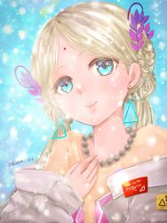  1girl bad_id bad_twitter_id bindi blonde_hair blush coat earrings green_eyes heaven_burns_red highres indian jewelry kusuri_e3 long_hair snow solo triangle_earrings twintails vritika_balakrishnan white_coat 