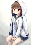  1girl brown_eyes brown_hair commentary drawstring dress feet_out_of_frame grey_neckerchief hood hooded_jacket jacket jacket_on_shoulders kakizaki_(chou_neji) kantai_collection lifebuoy_ornament neckerchief sailor_dress short_hair solo white_dress white_jacket yukikaze_(kancolle) yukikaze_kai_ni_(kancolle) 