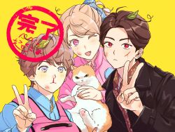  1girl 2boys amane_sachika animal animal_ears blonde_hair blood blood_on_face blue_eyes brown_hair cat cat_ears closed_mouth cuts highres holding holding_animal holding_cat injury inoue_shouma kamen_rider kamen_rider_gavv_(series) karakida_hanto long_sleeves multicolored_eyes multiple_boys nosebleed open_mouth oresanjyo pink_eyes red_eyes short_hair simple_background smile v violet_eyes yellow_background yellow_eyes 