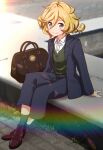  1girl bag blonde_hair blue_eyes blush closed_mouth elfnein highres looking_at_viewer outdoors pants ponytail senki_zesshou_symphogear short_hair sitting smile solo suit tanashi_(mk2) 