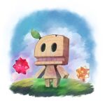  blue_sky clouds commentary_request day full_body grass highres hollow_eyes leaf leaf_on_head no_humans omochiutyu simple_background sky solo star_bit super_mario_bros. super_mario_galaxy_2 white_background whittle_(super_mario_galaxy_2) wood 