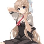  1girl air_(visual_novel) arm_behind_back black_dress blonde_hair blue_eyes commentary_request cross dogu_illust dress eyelashes eyes_visible_through_hair grey_shirt hair_between_eyes hair_ribbon hand_up highres kamio_misuzu light_blush long_hair looking_at_viewer necktie parted_lips ponytail puffy_short_sleeves puffy_sleeves red_necktie ribbon school_uniform shirt short_sleeves sidelocks simple_background sitting solo surprised very_long_hair wariza white_background white_ribbon 