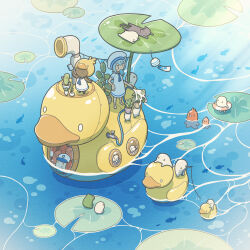  1girl absurdres bird black_cat cactus card cat dress duck duck_hat fish fishing_rod food food_art food_in_mouth frog hat highres holding holding_fishing_rod holding_food holding_popsicle hose house_of_cards innertube ocean original plant playing_card popsicle popsicle_in_mouth potted_plant sailor_dress sailor_hat squid striped_innertube submarine swim_ring tako-san_wiener tti_design watercraft 