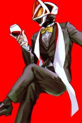  1boy alcohol armor black_suit bodysuit bow bowtie commentary cup drinking_glass english_commentary formal_clothes highres holding kamen_rider kamen_rider_geats kamen_rider_geats_(series) male_focus oresanjyo red_background red_wine simple_background solo suit tokusatsu wine wine_glass yellow_bow yellow_bowtie 