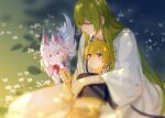  androgynous chain enkidu_(fate) fate/strange_fake fate_(series) gilgamesh_(fate) glowing glowing_clothes glowing_eyes green_hair hair_between_eyes highres long_hair looking_at_viewer male_focus robe shirt smile solo upper_body very_long_hair white_robe white_shirt yellow_eyes 