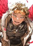  1boy :d artist_name black_shirt blonde_hair boku_no_hero_academia brown_jacket commentary covered_collarbone earrings facial_hair feathered_wings feathers fur-trimmed_jacket fur_trim goggles goggles_on_head hawks_(boku_no_hero_academia) headphones headphones_around_neck jacket jewelry kadeart long_sleeves looking_at_viewer male_focus open_clothes open_jacket open_mouth red_wings round_teeth shirt short_hair signature simple_background smile solo striped striped_shirt stubble symbol-only_commentary teeth thick_eyebrows tongue white_background wings yellow_eyes 