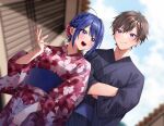  1boy 1girl :d ahoge blue_eyes blue_hair blue_kimono blurry blurry_background blush braid brown_hair chigusa_minori closed_mouth commentary_request cowboy_shot crossed_arms floral_print hair_bun highres himeno_akira japanese_clothes jitsuha_imouto_deshita. kimono looking_at_another majima_ryouta obi official_art open_mouth outdoors sash short_hair sidelocks smile sunlight teeth unmoving_pattern upper_teeth_only violet_eyes wide_sleeves 