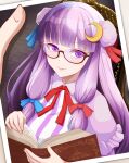  1girl book brown-framed_eyewear closed_mouth crescent crescent_hair_ornament dress frilled_sleeves frills hair_ornament highres holding holding_book indoors kisaragi_koushi long_hair looking_at_viewer neck_ribbon no_headwear open_book patchouli_knowledge picture_(object) pink_dress puffy_short_sleeves puffy_sleeves purple_hair red_ribbon ribbon semi-rimless_eyewear short_sleeves solo striped striped_dress touhou under-rim_eyewear vertical-striped_dress vertical_stripes very_long_hair violet_eyes wooden_chair wooden_floor 