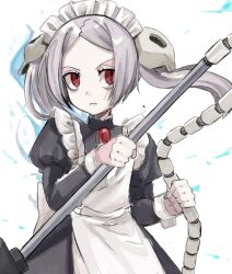  1girl apron black_dress bloody_marie_(skullgirls) closed_mouth commentary_request dress frown grey_hair long_hair maid maid_apron maid_headdress red_eyes shimoya_k skullgirls solo standing twintails v-shaped_eyebrows vacuum_cleaner white_apron white_background 