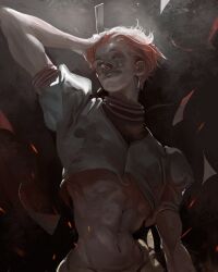  1boy abs absurdres arm_up closed_mouth club_(shape) commentary cowboy_shot cropped_shirt debris earrings facepaint hair_slicked_back hand_in_own_hair hashtag-only_commentary highres hisoka_morow hunter_x_hunter jewelry kanji_(nievart) looking_to_the_side male_focus navel piercing red_hair shirt short_sleeves sideways_glance smile solo toned toned_male white_shirt 