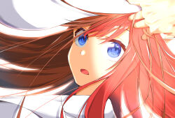  1girl blue_eyes go-toubun_no_hanayome lifting_covers long_hair looking_at_viewer nakano_itsuki open_mouth portrait pov pov_hands red_hair solo_focus surprised under_covers yakutashi 