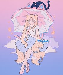  1girl animal-themed_umbrella artist_name bishoujo_senshi_sailor_moon black_cat blue_skirt cat closed_eyes cloud_print clouds crescent crescent_facial_mark double_bun facial_mark full_body hair_bun highres holding holding_umbrella long_hair luna_(sailor_moon) meyoco pink_footwear pink_umbrella pleated_skirt print_umbrella shirt shoes short_sleeves sitting skirt tsukino_usagi twintails umbrella very_long_hair white_shirt 