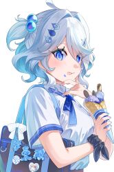  1girl :p ahoge bag blue_bow blue_bowtie blue_eyes blue_hair blue_ribbon blush bow bowtie don9ri food furina_(genshin_impact) genshin_impact gentilhomme_usher hair_between_eyes heterochromia highres holding holding_food ice_cream long_hair mademoiselle_crabaletta multicolored_hair ribbon shirt shoulder_bag solo streaked_hair surintendante_chevalmarin symbol-shaped_pupils tongue tongue_out white_background white_hair white_shirt 