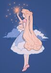  1girl bishoujo_senshi_sailor_moon blonde_hair blue_background clouds crescent_moon double_bun facing_away full_body hair_bun highres long_hair meyoco moon pink_footwear pink_shirt shirt shoes short_sleeves simple_background solo sparkle tsukino_usagi twintails very_long_hair 